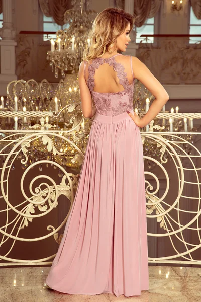 LEA - Dlouhé dámské šaty v barvě taupe bez rukávů, s vyšívaným výstřihem D38 Numoco