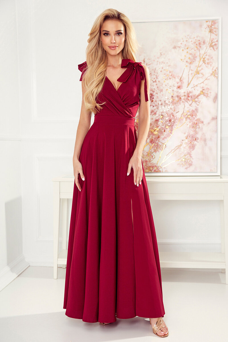 ELENA - Dlouhé dámské šaty ve vínové bordó barvě s výstřihem a zavazováním na ramenou 2Z07, L i367_1894_L