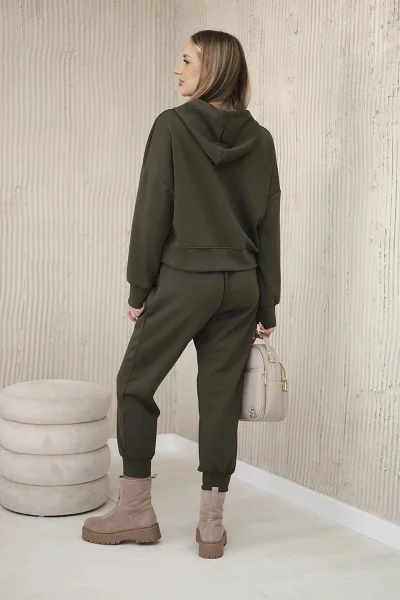 Khaki viskózový komplet: mikina s kapucí + kalhoty K-Fashion