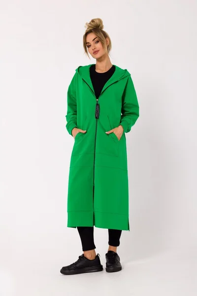 Dámský zelený mikinový kabát s dlouhým zipem a kapucí od značky Moe