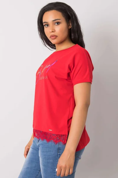 Červená bavlněná dámská halenka velikosti plus s krajkou FPrice