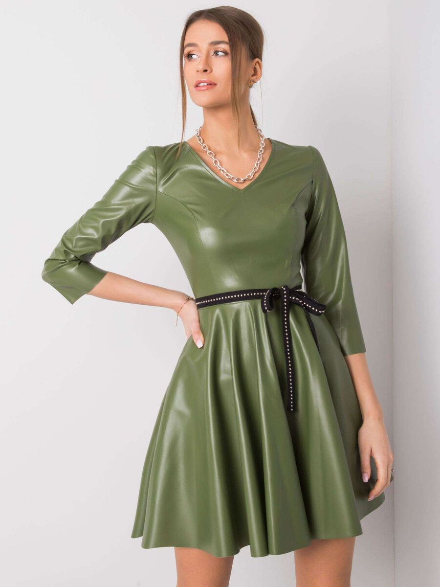 Zelené ekokůžené dámské šaty s páskem - FPrice, 40 i523_2016102805892