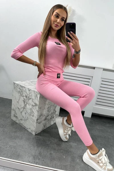 Žebrovaný růžový komplet halenka + legíny K-Fashion