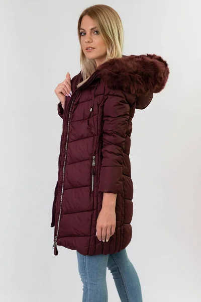 Vínová bunda na zimu pro ženy s péřovou výplní a kožešinovou kapucí Libland