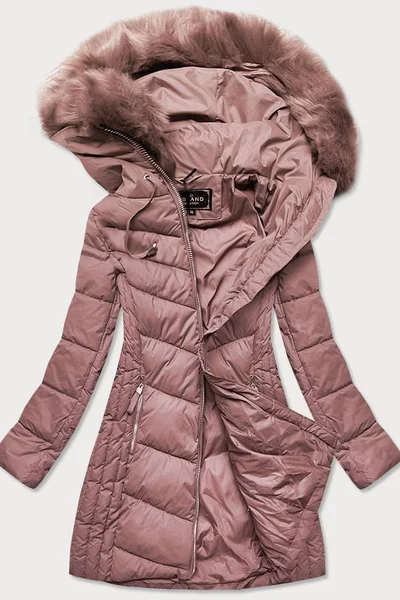 Růžová bunda na zimu pro ženy s péřovou výplní a kožešinovou kapucí Libland