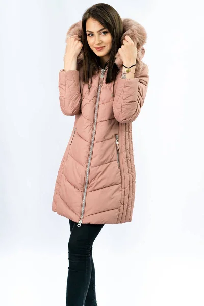 Růžová bunda na zimu pro ženy s péřovou výplní a kožešinovou kapucí Libland