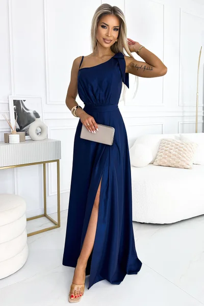Modré třpytivé šaty s mašlí na jedno rameno