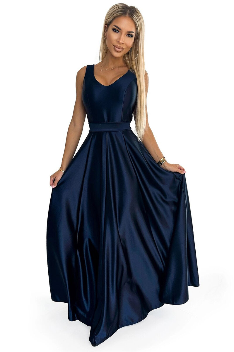 Lesklé dámské šaty s mašlí - Modrá CINDY NUMOCO, tmavě modrá S i41_9999933209_2:tmavě modrá_3:S_
