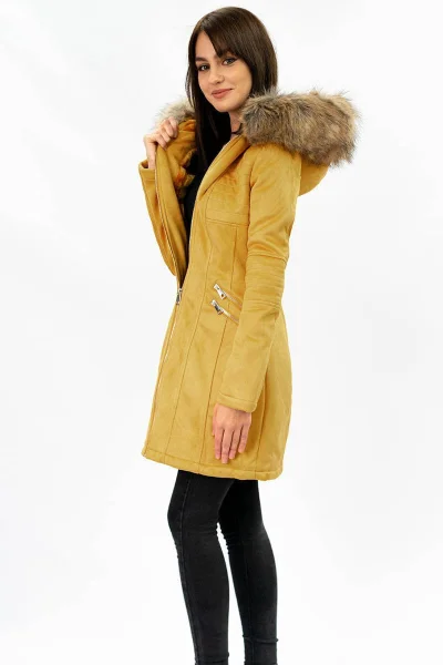 Dámská zimní semišová bunda s kapucí 7P592 hořčicová - Libland