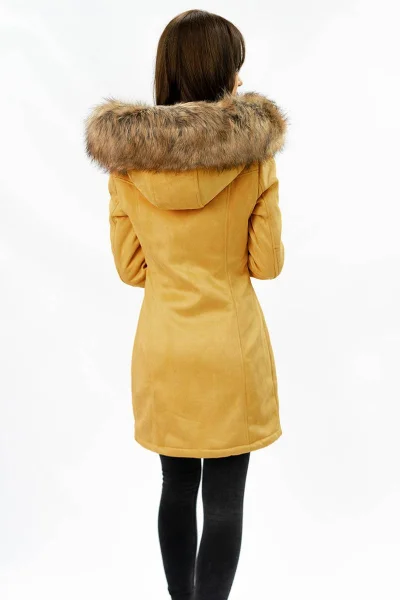 Dámská zimní semišová bunda s kapucí 7P592 hořčicová - Libland