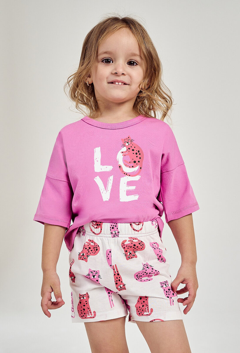 Růžové dívčí pyžamo s krátkým tričkem a vzorovanými šortkami, Růžová 128 i384_81605740