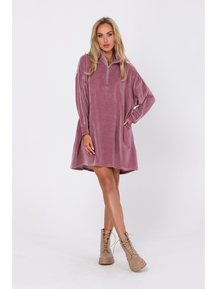 Růžové asymetrické šaty s límcem na zip - Moe, EU L/XL i529_7097695007406522648