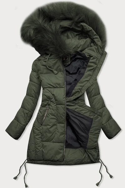 Zimní prošívaná bunda s kapucí a kožešinou v khaki barvě - Libland