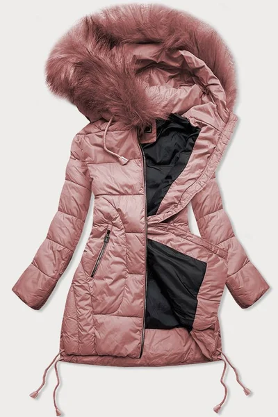 Růžová bunda na zimu s kapucí a kožešinou pro ženy Libland