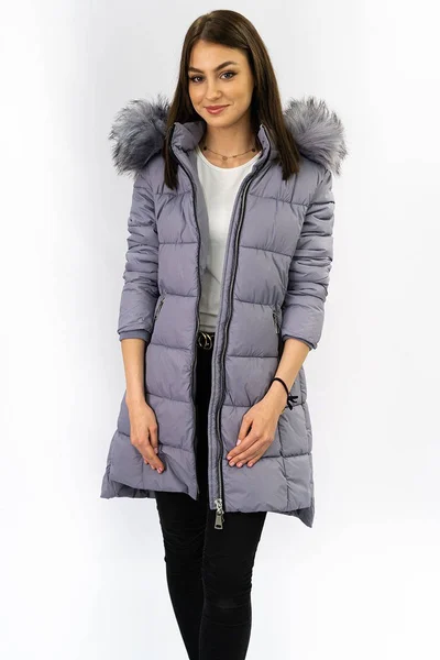 Zimní fialová prošívaná bunda s kapucí a kožešinou Libland
