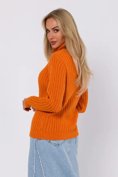 Oranžový žebrovaný svetr s vysokým límcem - Moe