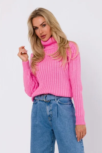 Růžový žebrovaný svetr s vysokým límcem - Moe