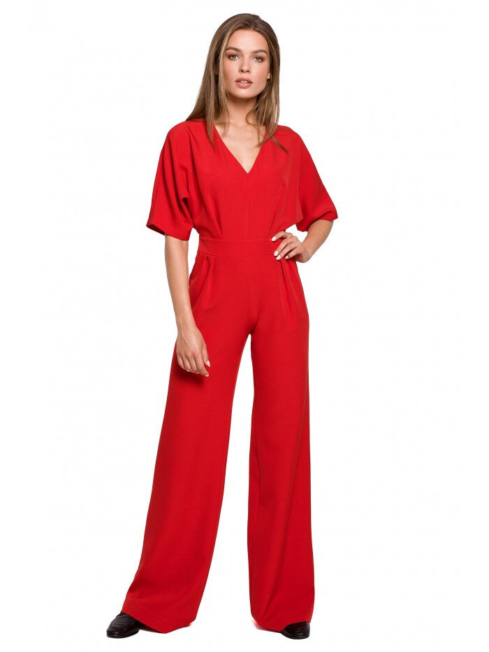 Červený overal s širokými nohavicemi a výstřihem do V od značky Style, EU M i529_216735740732792324