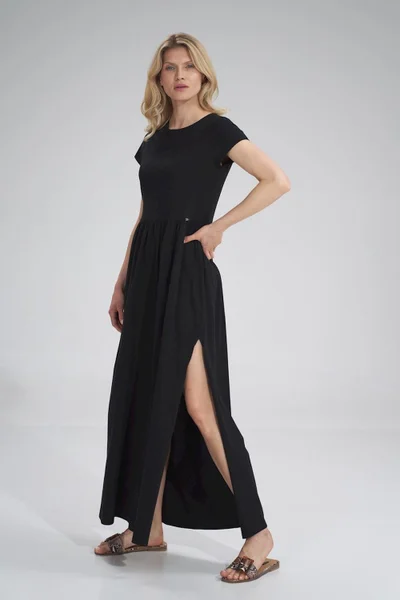 Černé bavlněné maxi šaty s půlkulatým výstřihem