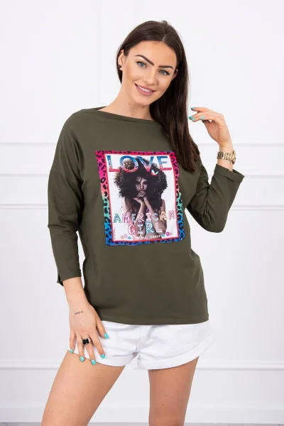 Khaki Grafická Halenka K-Fashion - Dámská S/M a L/XL