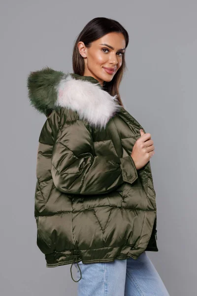 Dámská khaki oversize bunda s kapucí a kožešinou Z-DESIGN