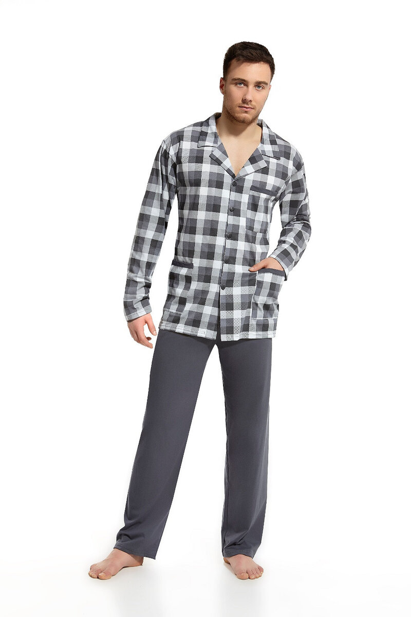 Kostkované pyžamo pro muže s dlouhým rukávem a kalhotami, džínovina 5XL i384_11898005