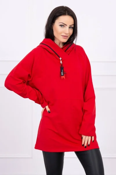 Oversize červená tunika na zip s kapucí K-Fashion