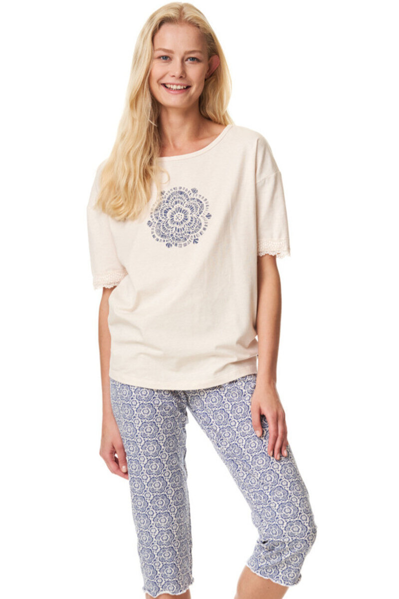 Melanžové letní pyžamo s krajkou a květinovým vzorem, béžová a modrá S i170_LNS 744 A23 S