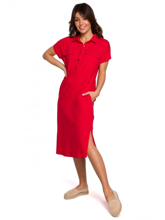 Dámské 9MJ4O Safari šaty s kapsami s klopou - červené BE, EU L i529_8919791856078520288