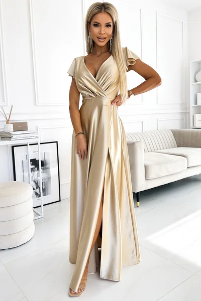 Zlaté saténové maxi šaty s obálkovým výstřihem