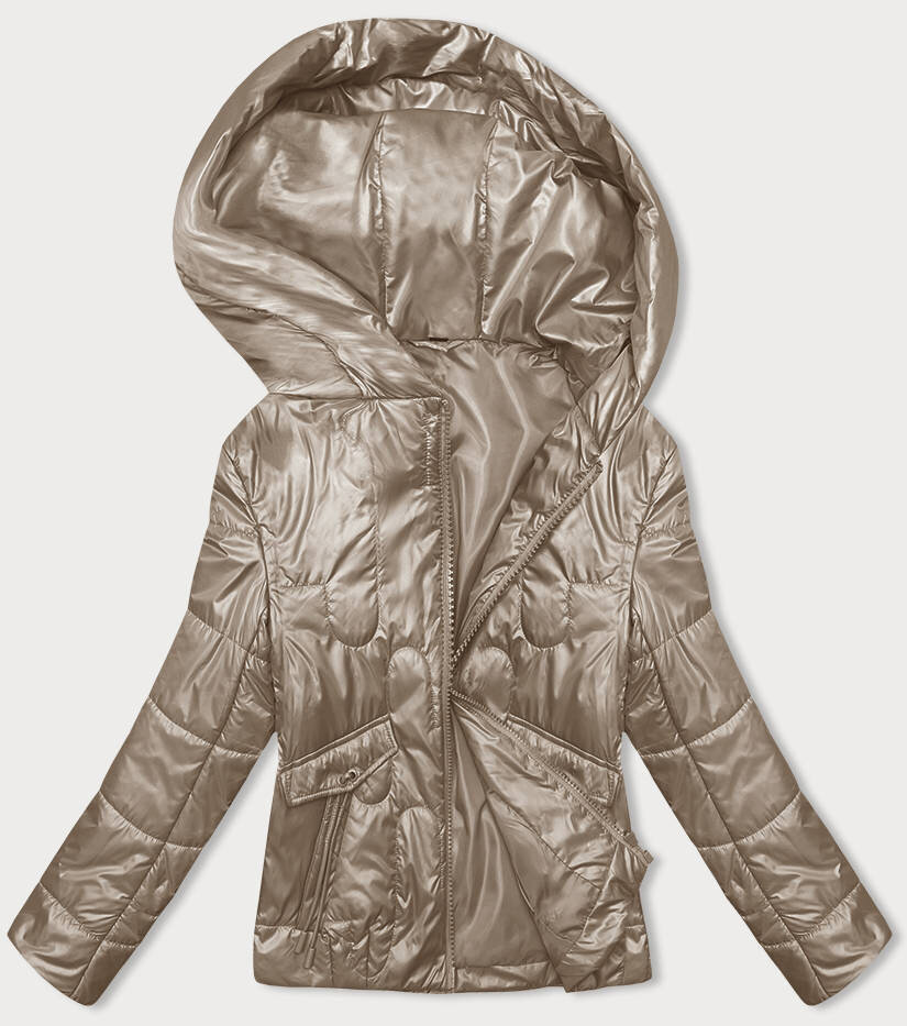 Krátká dámská prošívaná bunda s kapucí v béžové barvě, odcienie beżu S (36) i392_22459-46