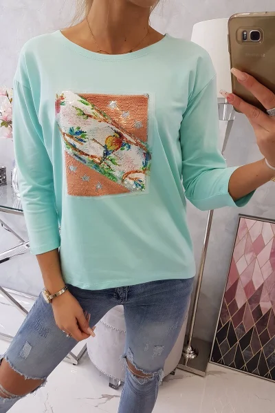 Dámská 3D Bird grafická halenka mint K-Fashion