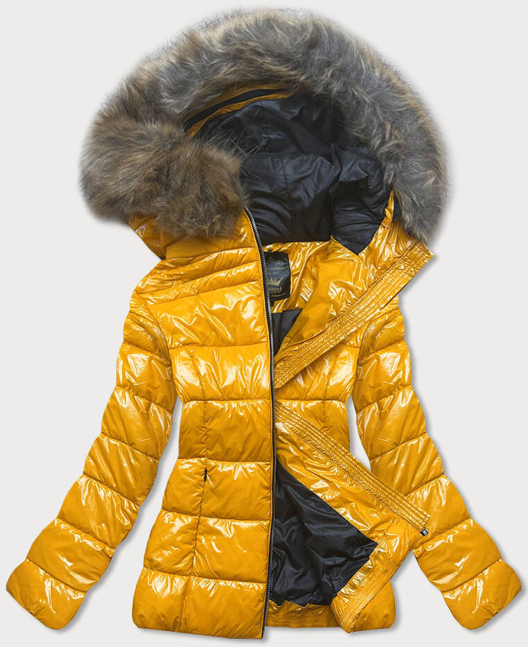 Zimní lesklá žlutá bunda s kapucí a kožešinou Libland, odcienie żółtego XS (34) i392_14268-2