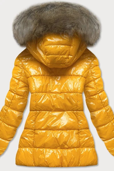 Zimní lesklá žlutá bunda s kapucí a kožešinou Libland