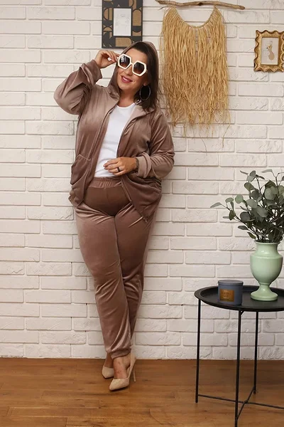 Plus Size béžová tepláková souprava s rozepínací mikinou Moon