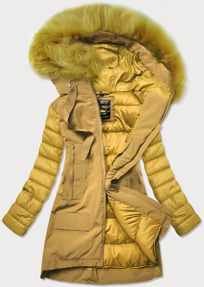 Zimní žlutá péřová bunda s kapucí a kožešinou Libland, odcienie żółtego S (36) i392_14277-46