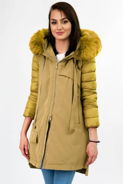 Zimní žlutá péřová bunda s kapucí a kožešinou Libland