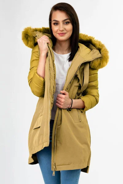 Zimní žlutá péřová bunda s kapucí a kožešinou Libland