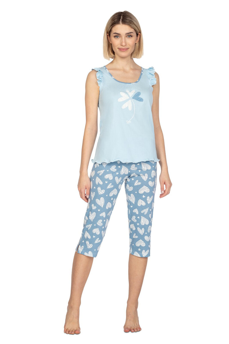 Kulatý výstřih - Dámské bavlněné pyžamo s volánky a vzorem, Růžová L i384_65075397