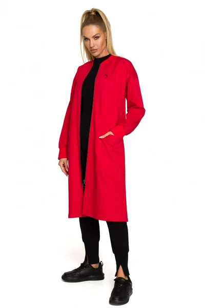 Dámská červená bunda s vysokým rozparkem a dlouhým zipem od značky Moe