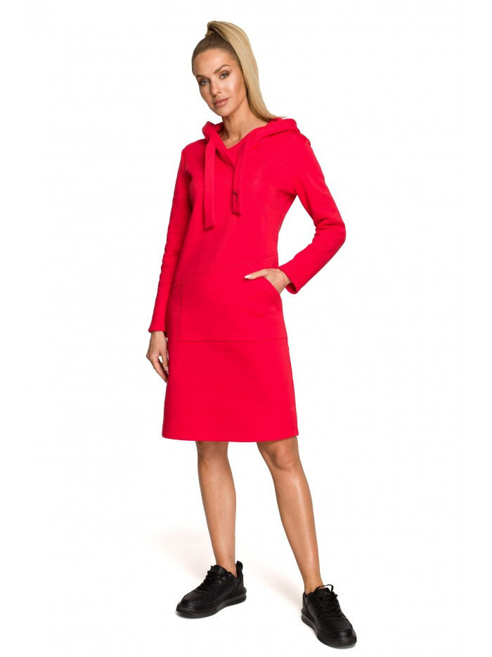 Dámské X57N Pletené šaty s kapucí a asymetrickou kapsou - červené Moe, EU XXL i529_371555771881620481