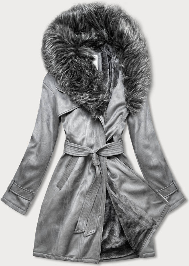 Zimní kabát s páskem a kožešinou Libland, odcienie szarości XXL (44) i392_14332-48