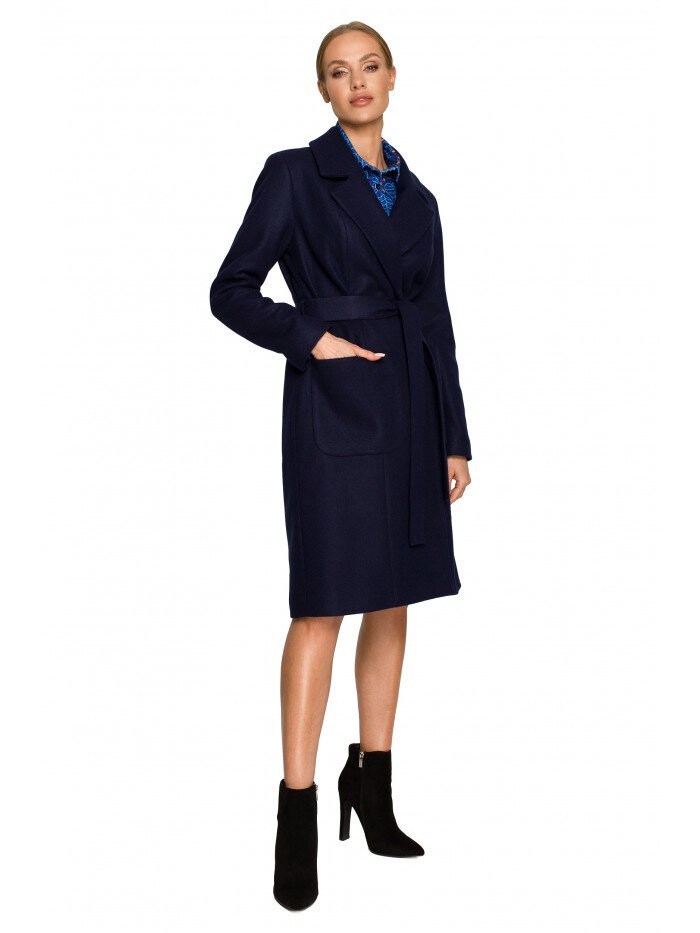 Dámský 4X38 Fleecový kabát s páskem a kapsami - tmavě modrý Moe, EU S i529_8503095181153763336