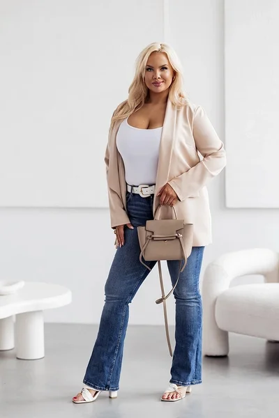 Casual béžové dámské plus size sako bez zapínání Moon