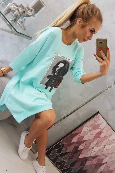 Dámské mint šaty s potiskem a rozšířeným lemem K-Fashion