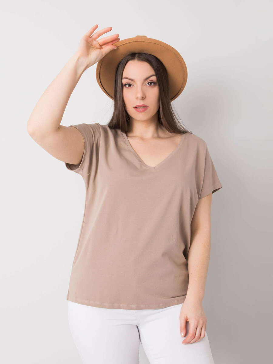 Tmavě béžové dámské tričko plus size s výstřihem do V FPrice, 2XL i523_2016102852520