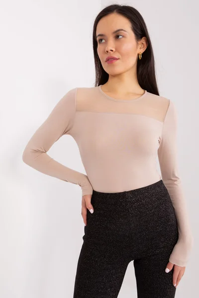 Beige síťovaná dámská halenka s dlouhým rukávem - Elegantní Basic Feel Good