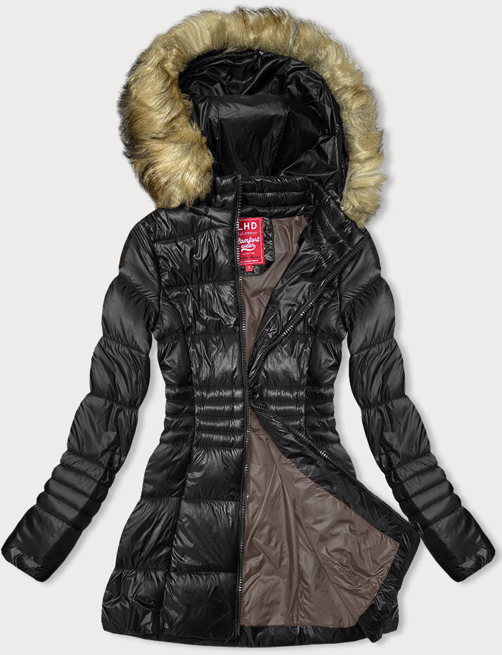 Černá dámská bunda na zimu s odnímatelnou kapucí LHD, odcienie czerni S (36) i392_22571-46