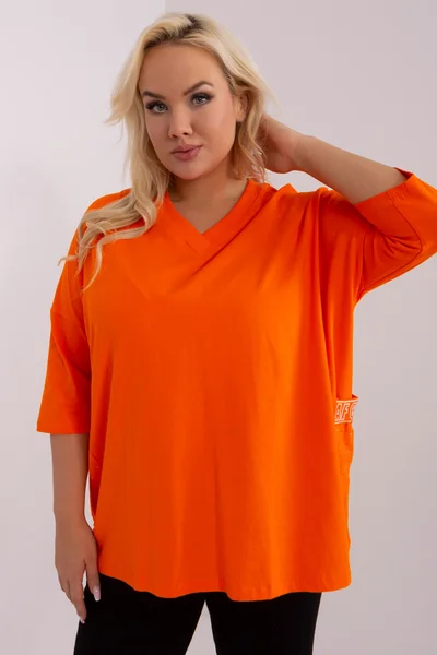 Oranžová volná dámská halenka V- výstřihem plus size