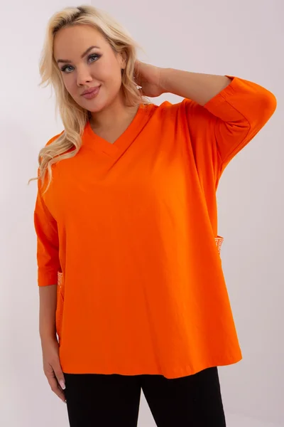 Oranžová volná dámská halenka V- výstřihem plus size